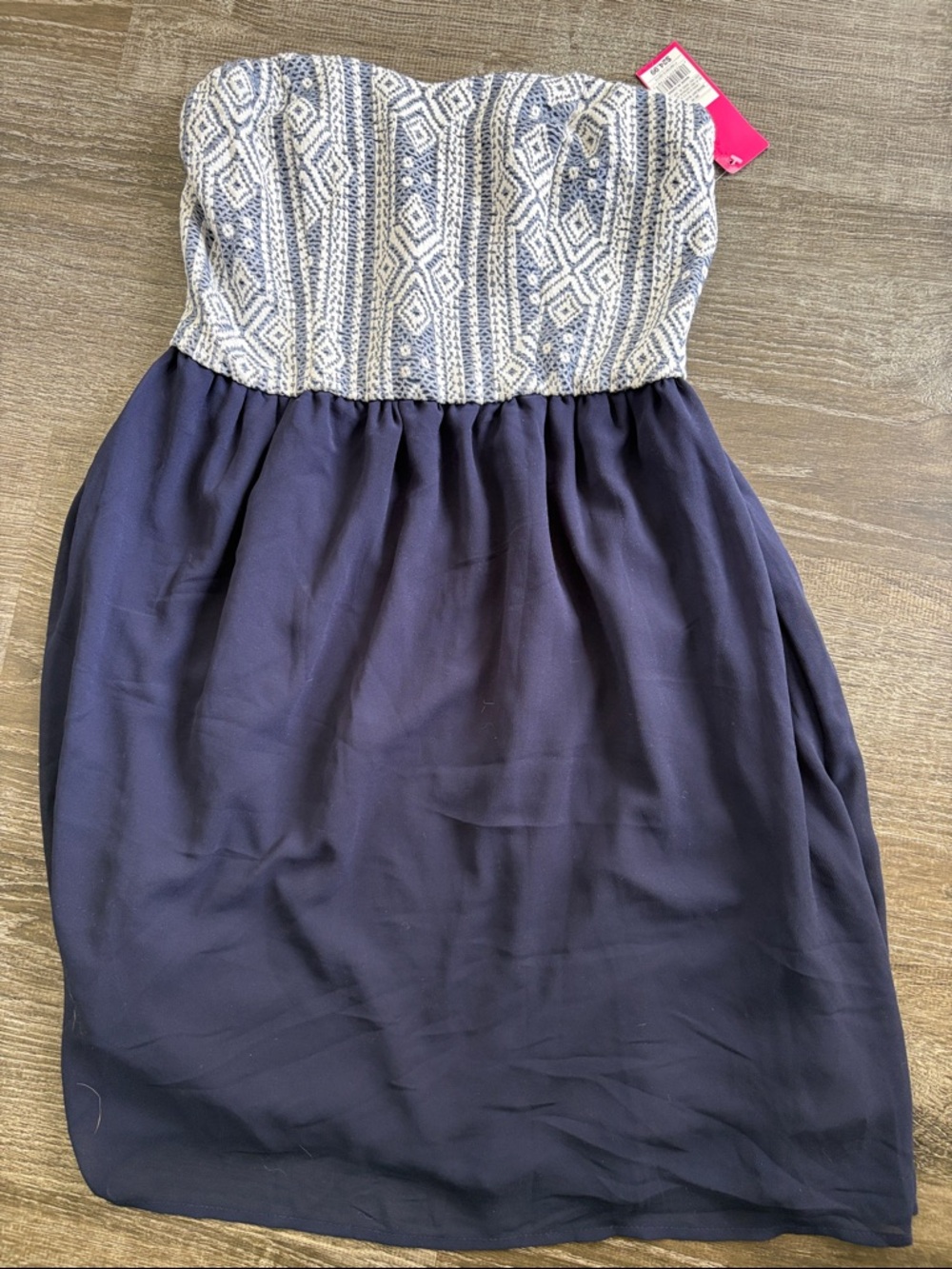 Xhilaration Navy Strapless Dress with Cream & Blue Embroidered Bodice